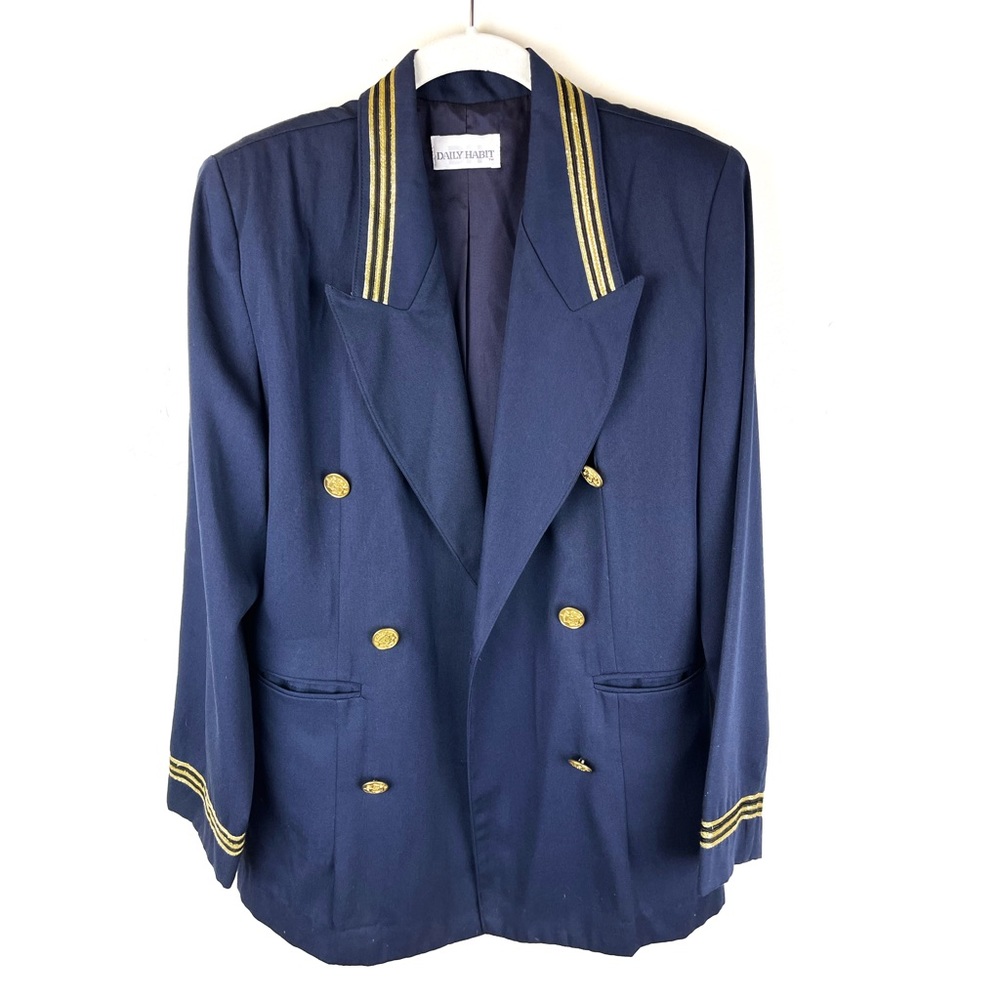Vintage Double Breasted Captain Blazer Daily Habit Ca 12 Pockets Navy Gold.